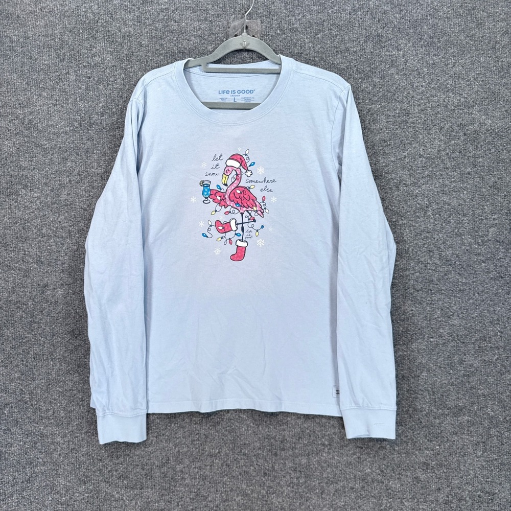 Life is Good Crusher Tee Womens Large Light Blue Christmas Flamingo Holiday Tee